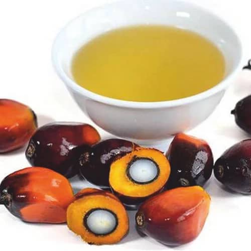 Bowl of golden refined palm oil beside fresh oil palm fruit