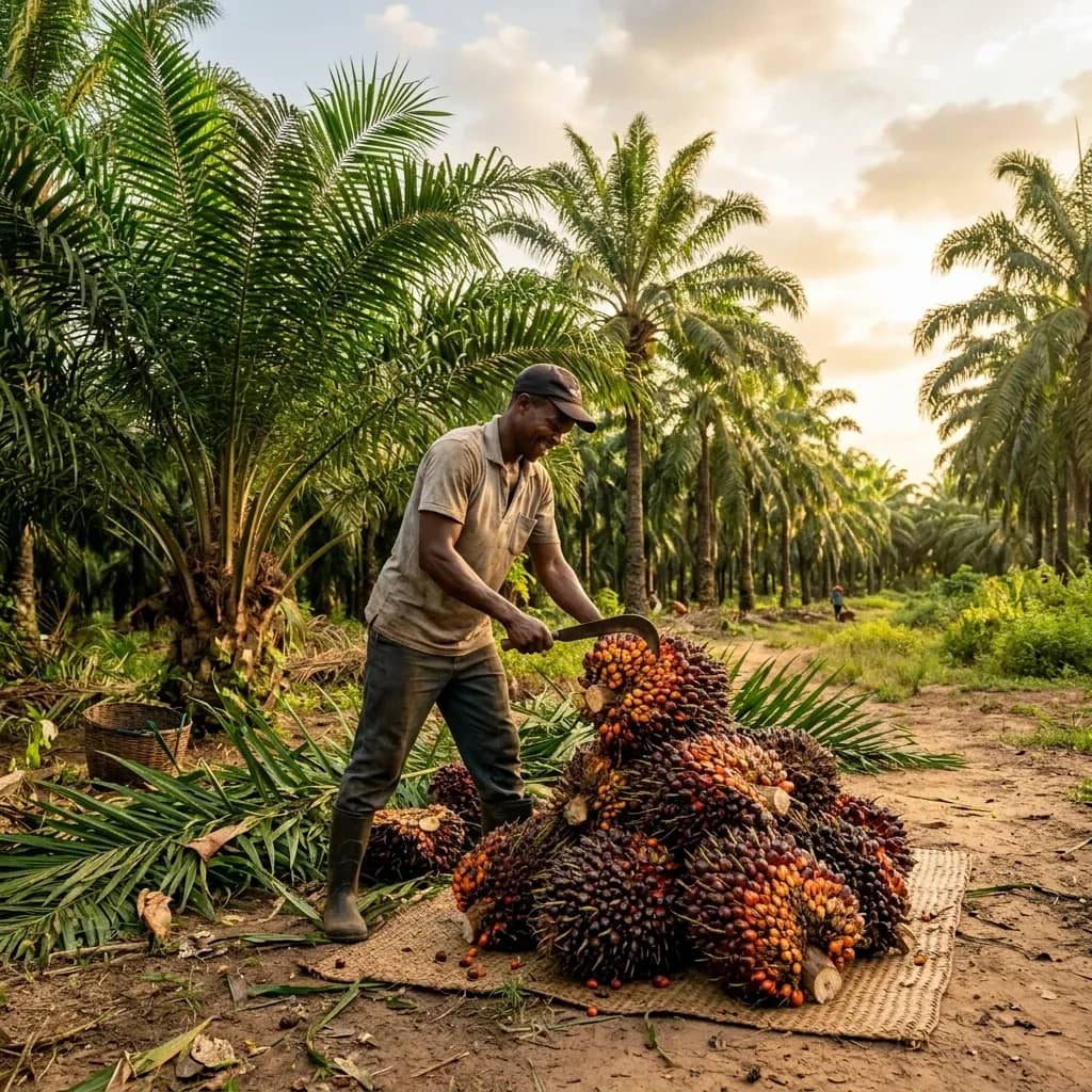Nigerian farmer carrying a basket of freshly harvested oil palm fruit
